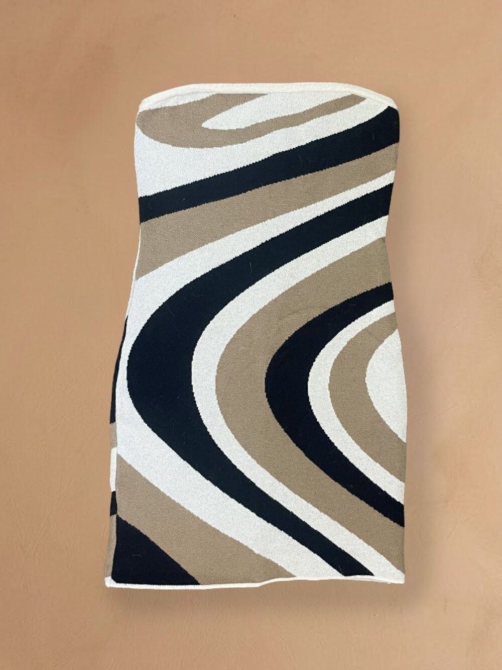 Retro 70s Abstract Swirl Strapless Knit Mini Dress